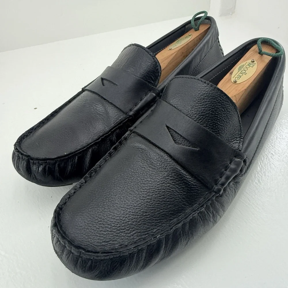 Donald Pliner Mens 10 Black Pebbled Leather Penny Loafers Driving Moc Shoes
